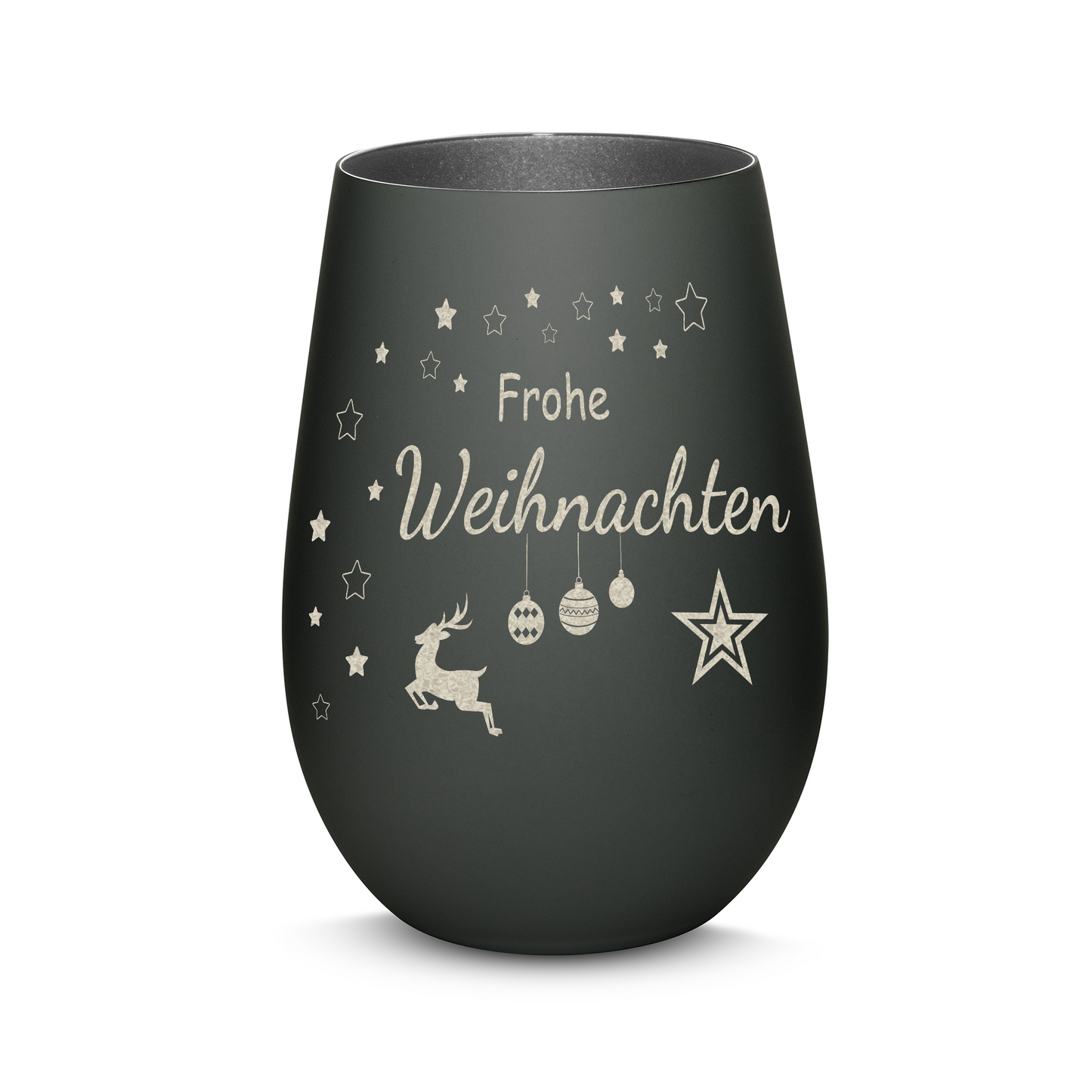 Hochwertiges Glas Windlicht mit Gravur "FROHE WEIHNACHTEN" in der Farbe Schwarz/Silber