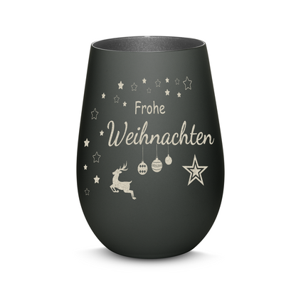 Hochwertiges Glas Windlicht mit Gravur "FROHE WEIHNACHTEN" in der Farbe Schwarz/Silber