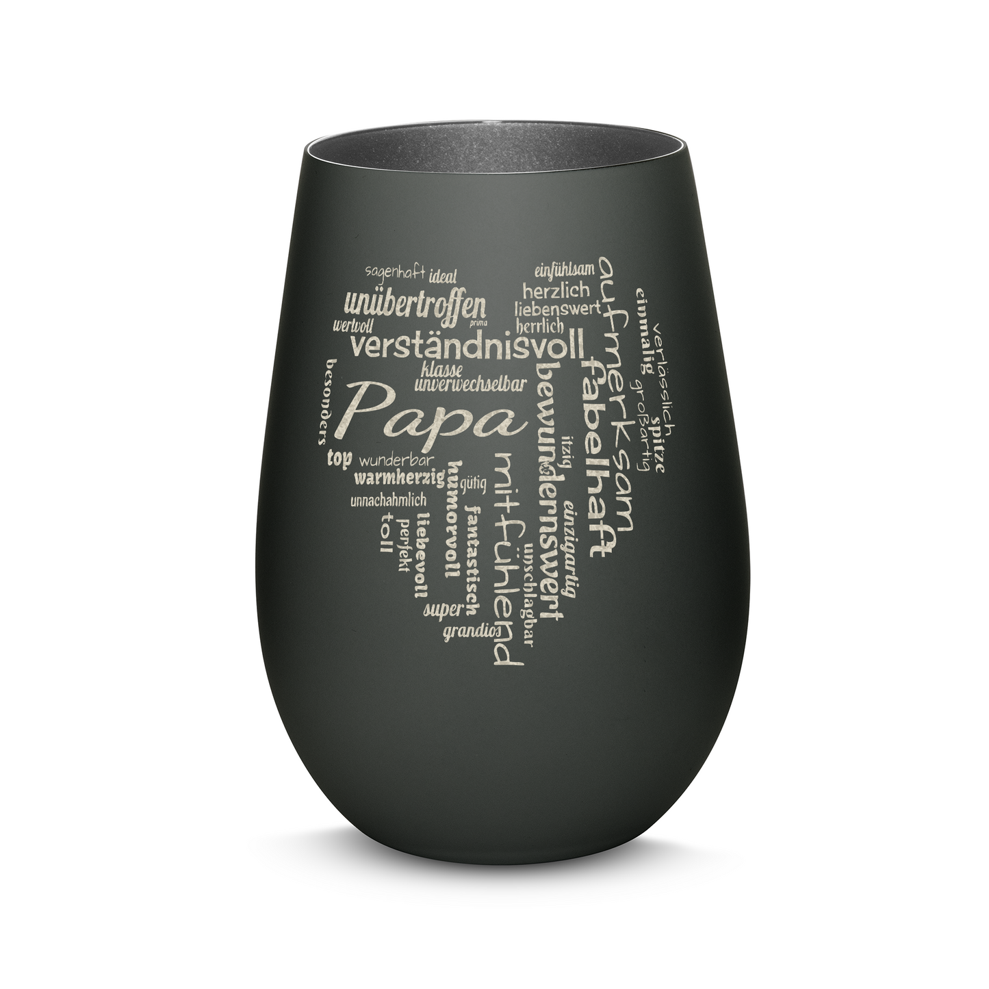 Hochwertiges Glas Windlicht mit Gravur "PAPA GROßES HERZ" in der Farbe Schwarz/Silber