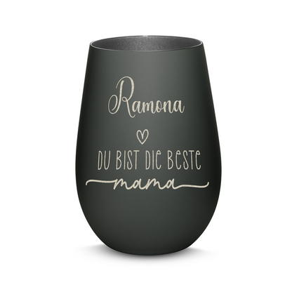 Hochwertiges Glas Windlicht mit Gravur "DIE BESTE MAMA" mit Wunschname in der Farbe Schwarz/Silber