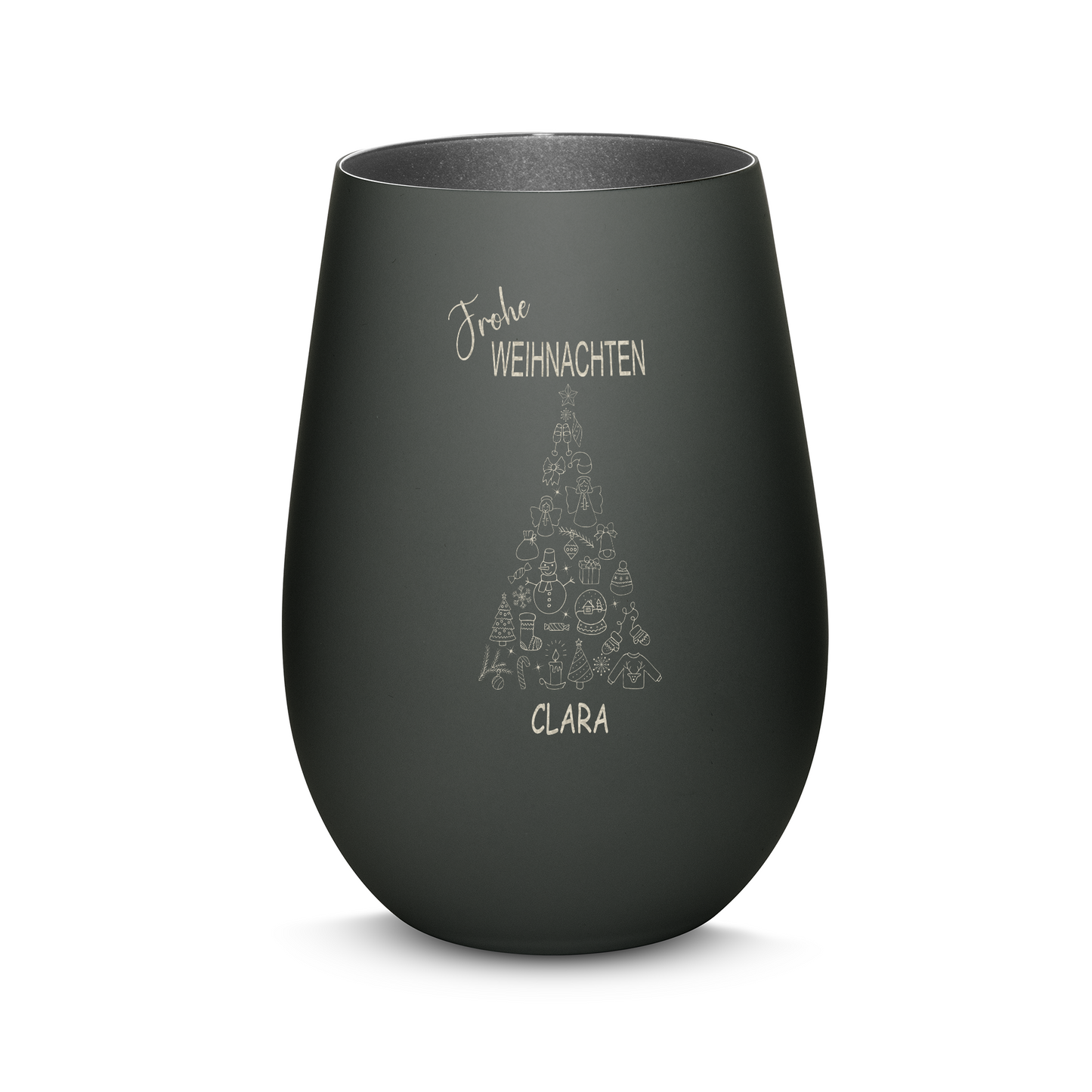 Hochwertiges Glas Windlicht mit Gravur "FROHE WEIHNACHTEN" mit Wunschname in der Farbe Schwarz/Silber