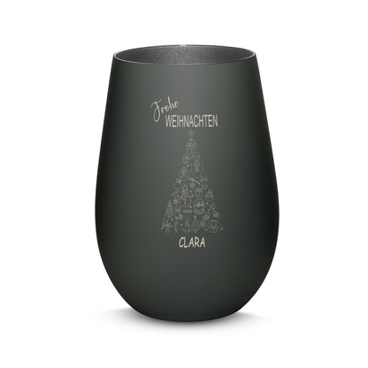 Hochwertiges Glas Windlicht mit Gravur "FROHE WEIHNACHTEN" mit Wunschname in der Farbe Schwarz/Silber