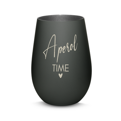 Hochwertiges Glas Windlicht mit Gravur "APEROL TIME" in der Farbe Schwarz/Silber