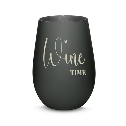 Hochwertiges Glas Windlicht mit Gravur "WINE TIME" in der Farbe Schwarz/Silber