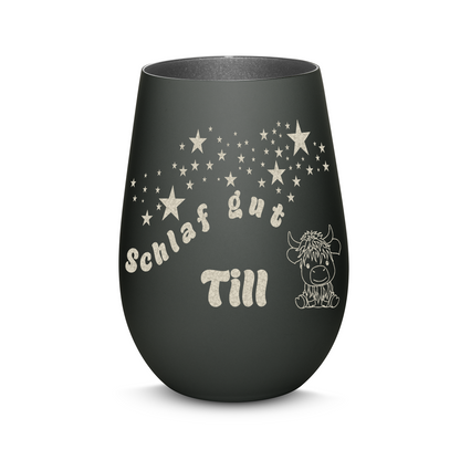 Hochwertiges Glas Windlicht für Kinder mit Gravur "SCHLAF GUT" Motiv Bison mit Wunschname in der Farbe Schwarz/Silber