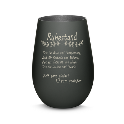 Hochwertiges Glas Windlicht mit Gravur "ALLES GUTE ZUM RUHESTAND" in der Farbe Schwarz/Silber
