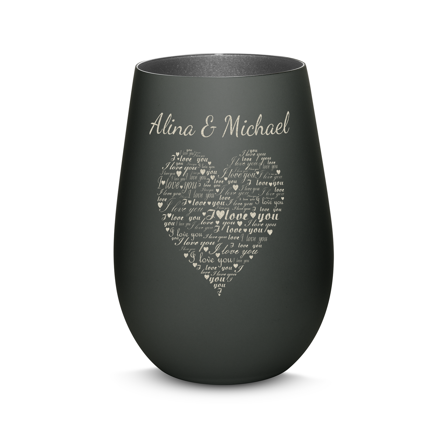 Hochwertiges Glas Windlicht mit Gravur "I LOVE YOU" mit Wunschnamen in der Farbe Schwarz/Silber
