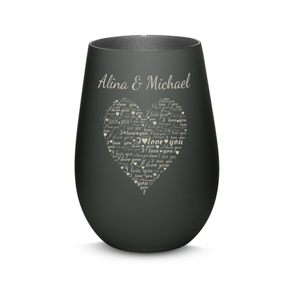 Hochwertiges Glas Windlicht mit Gravur "I LOVE YOU" mit Wunschnamen in der Farbe Schwarz/Silber