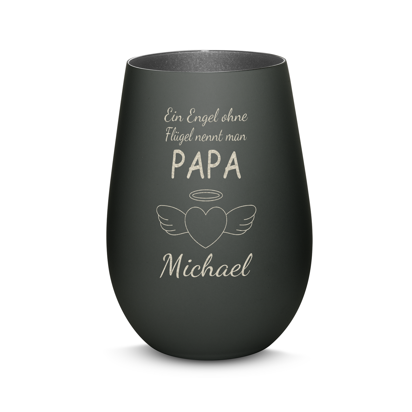 Hochwertiges Glas Windlicht mit Gravur "EIN ENGEL OHNE FLÜGEL NENNT MAN PAPA" mit Wunschname in der Farbe Schwarz/Silber