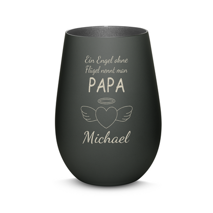 Hochwertiges Glas Windlicht mit Gravur "EIN ENGEL OHNE FLÜGEL NENNT MAN PAPA" mit Wunschname in der Farbe Schwarz/Silber