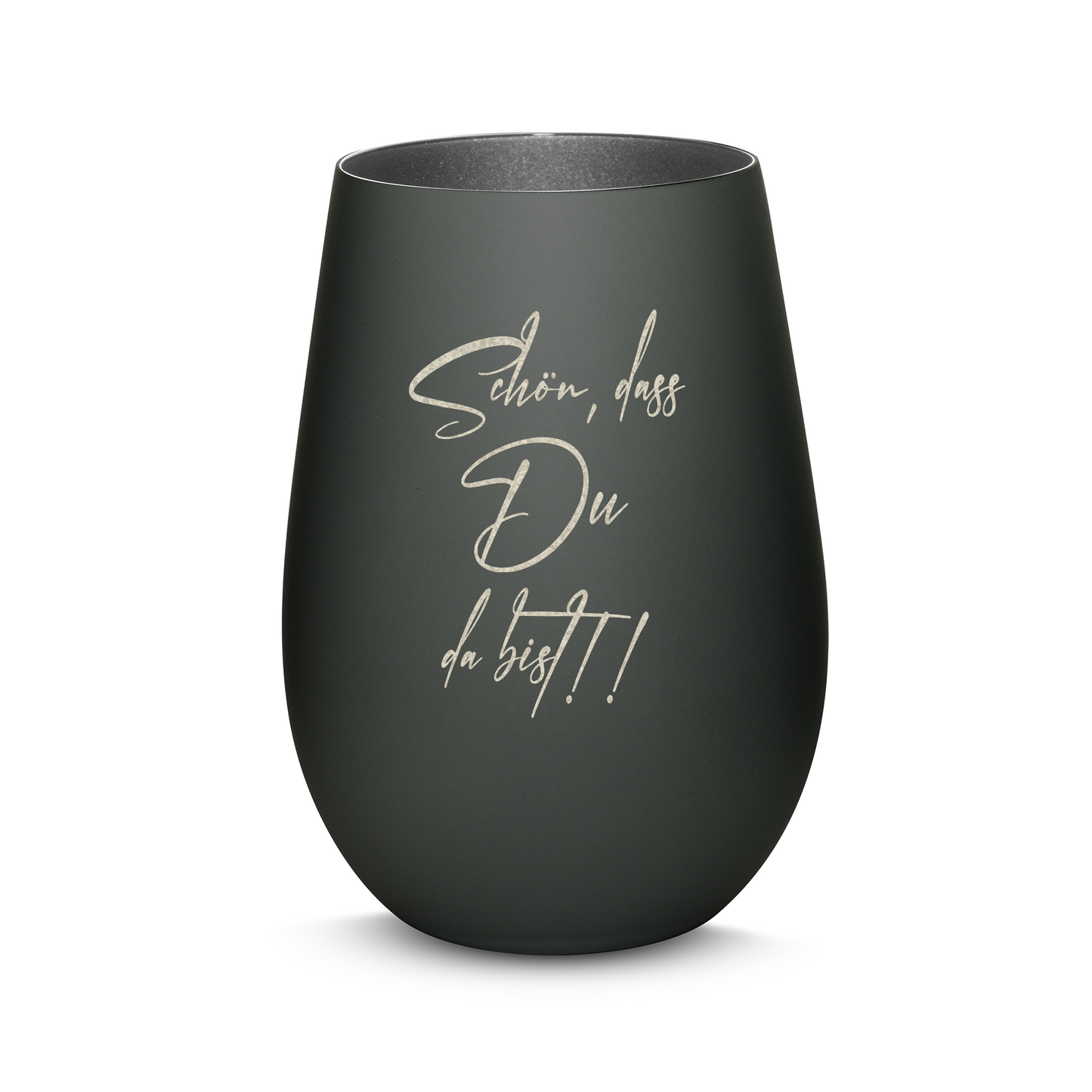 Hochwertiges Glas Windlicht mit Gravur "SCHÖN, DASS DU DA BIST" in der Farbe Schwarz/Silber