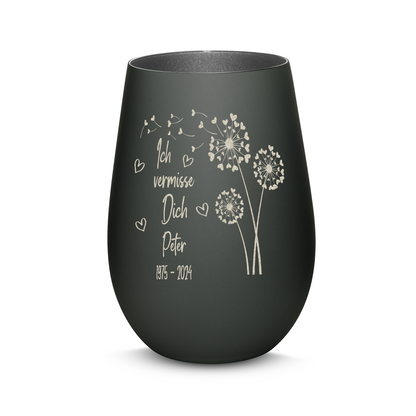 Hochwertiges Glas Windlicht mit Gravur als Trauerlicht "ICH VERMISSE DICH" mit Wunschname in der Farbe Schwarz/Silber