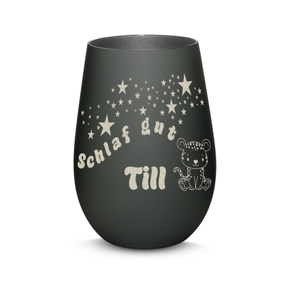 Hochwertiges Glas Windlicht für Kinder mit Gravur "SCHLAF GUT" Motiv Leopard mit Wunschname in der Farbe Schwarz/Silber