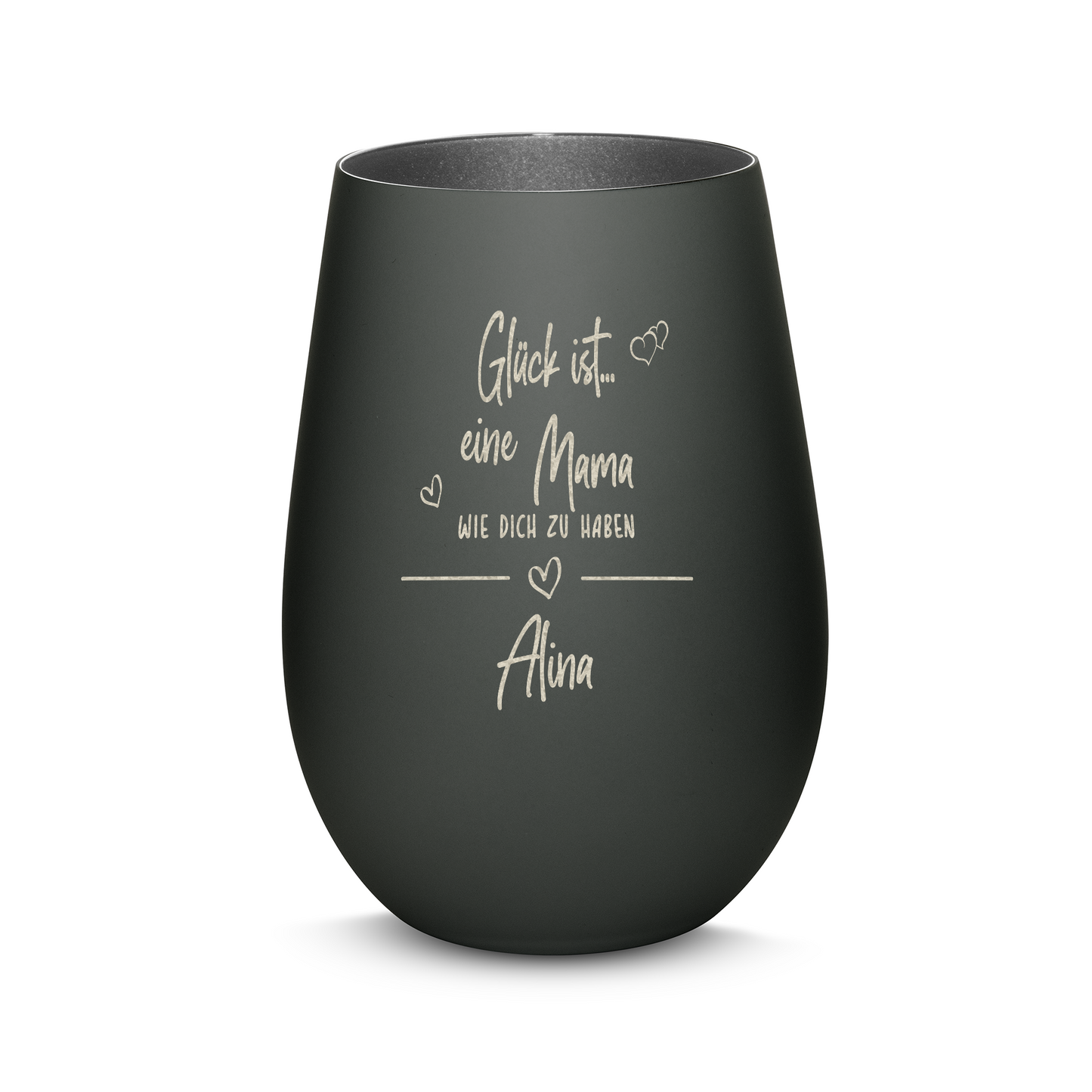 Hochwertiges Glas Windlicht mit Gravur "GLÜCK IST EINE MAMA WIE DICH ZU HABEN" mit Wunschname in der Farbe Schwarz/Silber