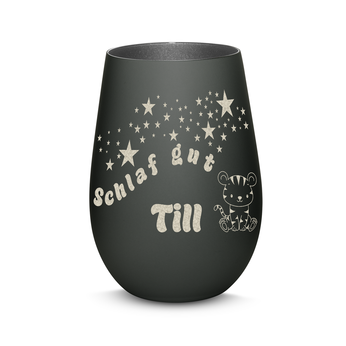 Hochwertiges Glas Windlicht für Kinder mit Gravur "SCHLAF GUT" Motiv Tiger mit Wunschname in der Farbe Schwarz/Silber