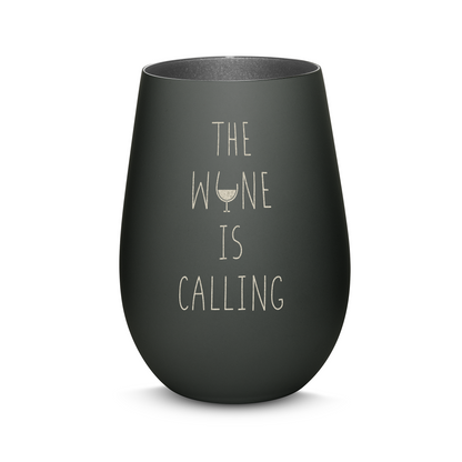 Hochwertiges Glas Windlicht mit Gravur "THE WINE IS CALLING" in der Farbe Schwarz/Silber