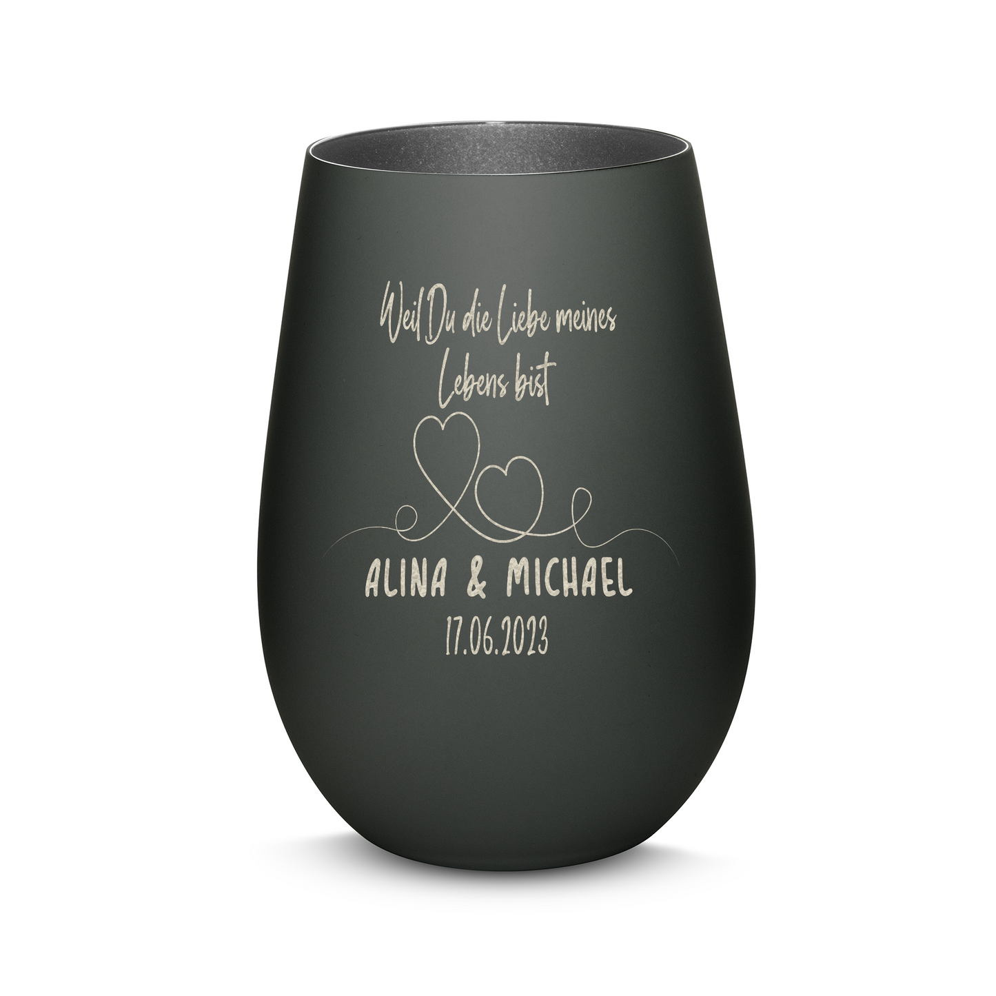 Hochwertiges Glas Windlicht mit Gravur "WEIL DU DIE LIEBE MEINES LEBENS BIST" mit Wunschnamen und Datum in der Farbe Schwarz/Silber