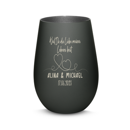 Hochwertiges Glas Windlicht mit Gravur "WEIL DU DIE LIEBE MEINES LEBENS BIST" mit Wunschnamen und Datum in der Farbe Schwarz/Silber
