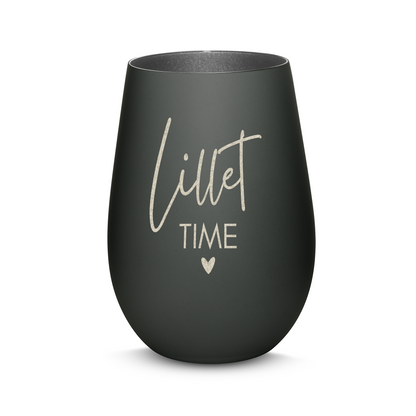 Hochwertiges Glas Windlicht mit Gravur "LILLET TIME" in der Farbe Schwarz/Silber