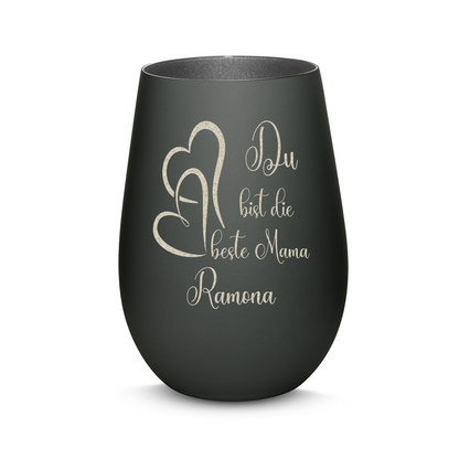 Hochwertiges Glas Windlicht mit Gravur "DU BIST DIE BESTE MAMA" mit Wunschname in der Farbe Schwarz/Silber