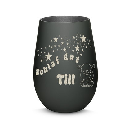 Hochwertiges Glas Windlicht für Kinder mit Gravur "SCHLAF GUT" Motiv Nashorn mit Wunschname in der Farbe Schwarz/Silber