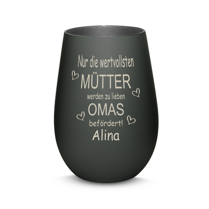 Hochwertiges Glas Windlicht mit Gravur "NUR DIE WERTVOLLSTEN MÜTTER WERDEN ZU LIEBEN OMAS" mit Wunschname in der Farbe Schwarz/Silber