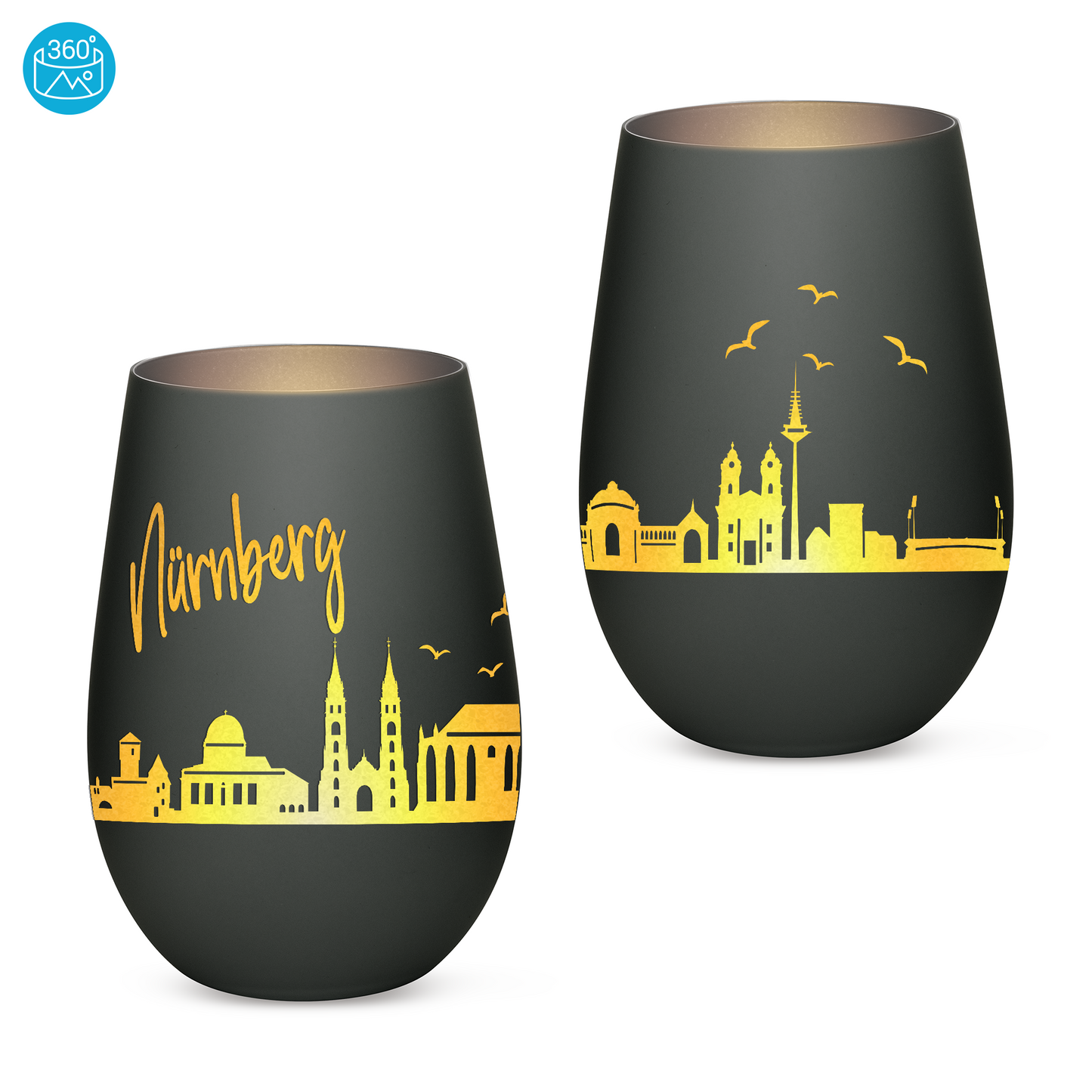 Hochwertiges Glas Windlicht mit Gravur "SKYLINE NÜRNBERG" in der Farbe Schwarz/Silber