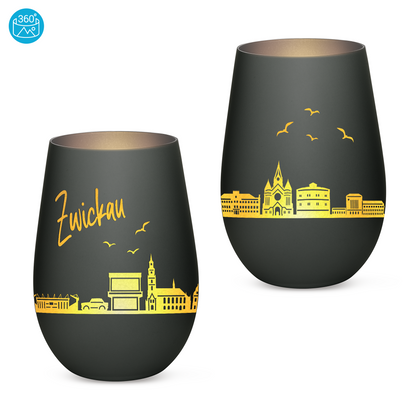 Hochwertiges Glas Windlicht mit Gravur "SKYLINE ZWICKAU" in der Farbe Schwarz/Silber