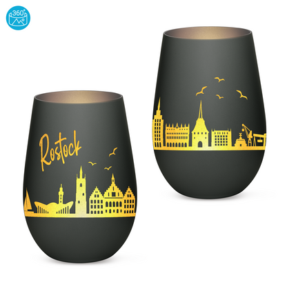 Hochwertiges Glas Windlicht mit Gravur "SKYLINE ROSTOCK" in der Farbe Schwarz/Silber