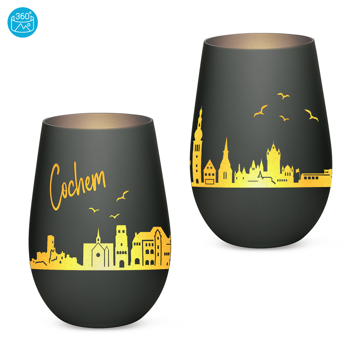 Hochwertiges Glas Windlicht mit Gravur "SKYLINE COCHEM" in der Farbe Schwarz/Silber