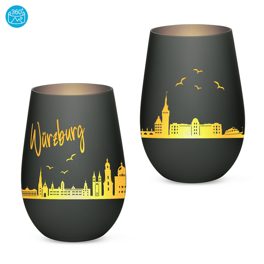 Hochwertiges Glas Windlicht mit Gravur "SKYLINE WÜRZBURG" in der Farbe Schwarz/Silber