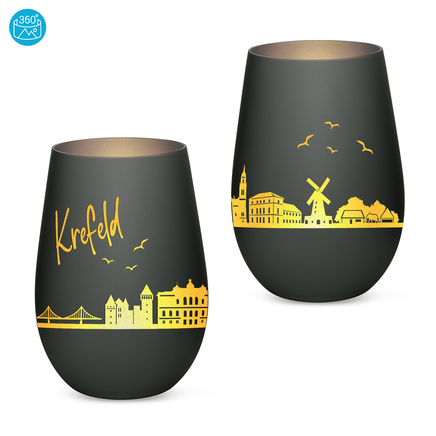 Hochwertiges Glas Windlicht mit Gravur "SKYLINE KREFELD" in der Farbe Schwarz/Silber