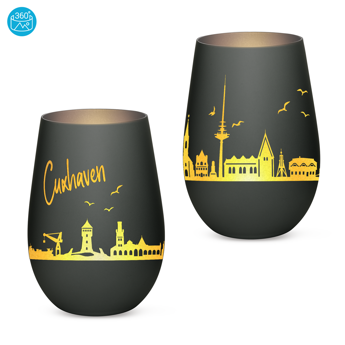 Hochwertiges Glas Windlicht mit Gravur "SKYLINE CUXHAVEN" in der Farbe Schwarz/Silber