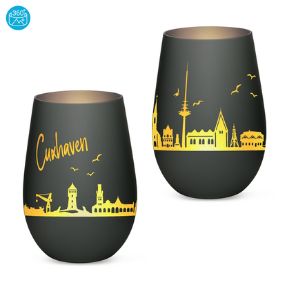 Hochwertiges Glas Windlicht mit Gravur "SKYLINE CUXHAVEN" in der Farbe Schwarz/Silber