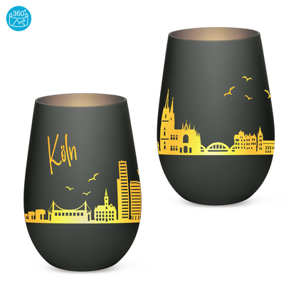 Hochwertiges Glas Windlicht mit Gravur "SKYLINE KÖLN" in der Farbe Schwarz/Silber