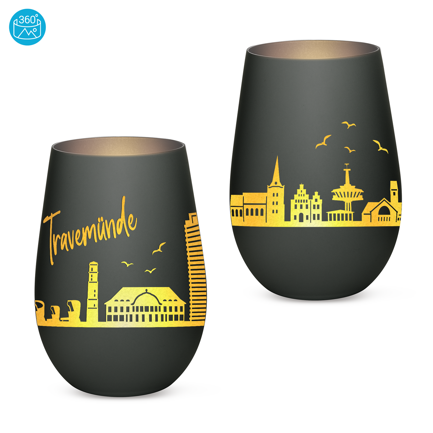 Hochwertiges Glas Windlicht mit Gravur "SKYLINE TRAVEMÜNDE" in der Farbe Schwarz/Silber