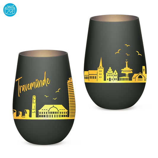 Hochwertiges Glas Windlicht mit Gravur "SKYLINE TRAVEMÜNDE" in der Farbe Schwarz/Silber