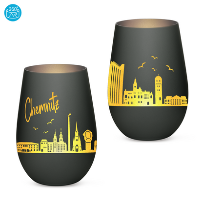Hochwertiges Glas Windlicht mit Gravur "SKYLINE CHEMNITZ" in der Farbe Schwarz/Silber