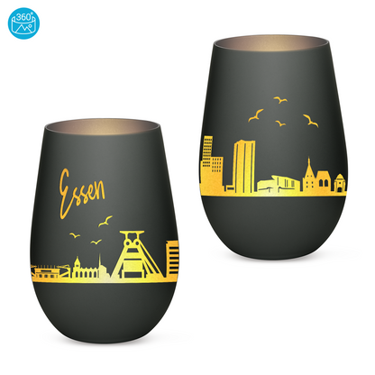 Hochwertiges Glas Windlicht mit Gravur "SKYLINE ESSEN" in der Farbe Schwarz/Silber