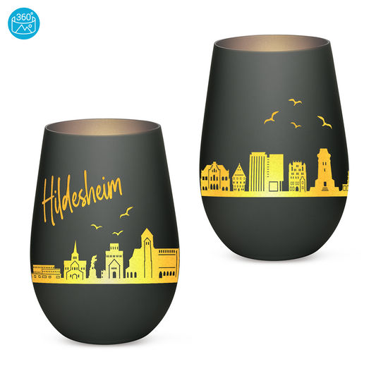 Hochwertiges Glas Windlicht mit Gravur "SKYLINE HILDESHEIM" in der Farbe Schwarz/Silber