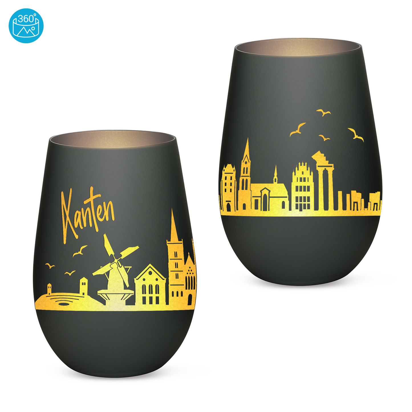 Hochwertiges Glas Windlicht mit Gravur "SKYLINE XANTEN" in der Farbe Schwarz/Silber