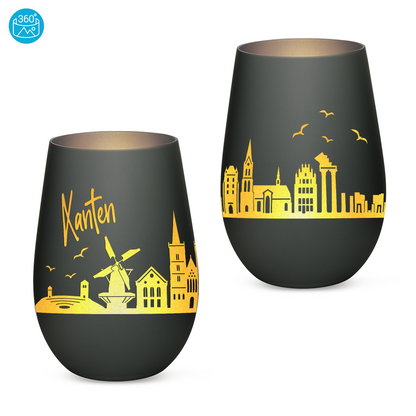 Hochwertiges Glas Windlicht mit Gravur "SKYLINE XANTEN" in der Farbe Schwarz/Silber
