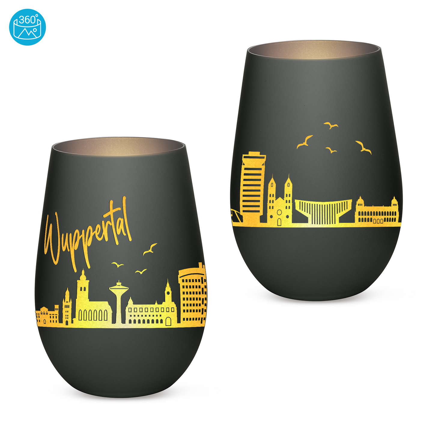 Hochwertiges Glas Windlicht mit Gravur "SKYLINE WUPPERTAL" in der Farbe Schwarz/Silber