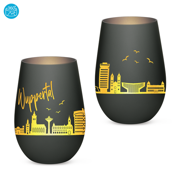 Hochwertiges Glas Windlicht mit Gravur "SKYLINE WUPPERTAL" in der Farbe Schwarz/Silber