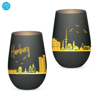 Hochwertiges Glas Windlicht mit Gravur "SKYLINE HAMBURG" in der Farbe Schwarz/Silber