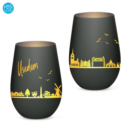 Hochwertiges Glas Windlicht mit Gravur "SKYLINE USEDOM" in der Farbe Schwarz/Silber