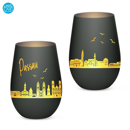 Hochwertiges Glas Windlicht mit Gravur "SKYLINE PASSAU" in der Farbe Schwarz/Silber