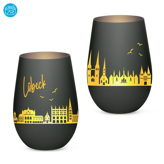 Hochwertiges Glas Windlicht mit Gravur "SKYLINE LÜBECK" in der Farbe Schwarz/Silber