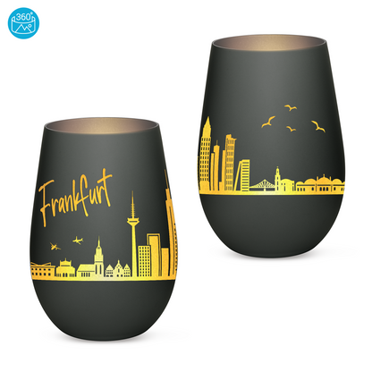 Hochwertiges Glas Windlicht mit Gravur "SKYLINE FRANKFURT" in der Farbe Schwarz/Silber
