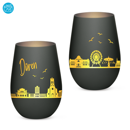 Hochwertiges Glas Windlicht mit Gravur "SKYLINE DÜREN" in der Farbe Schwarz/Silber